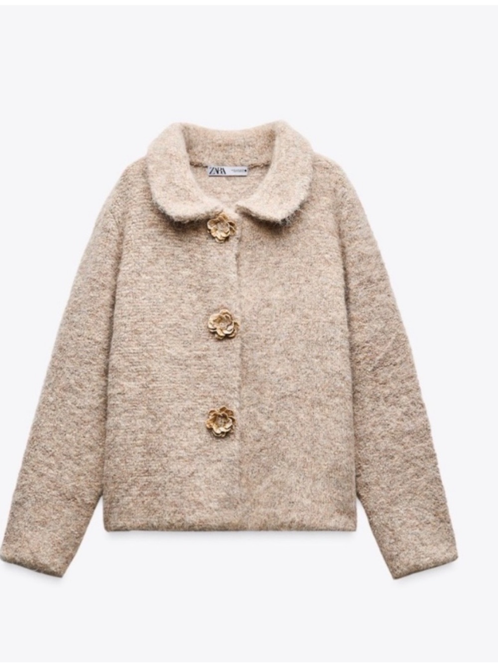 Zara Cream Bouclé Jacket with Gold Floral Buttons